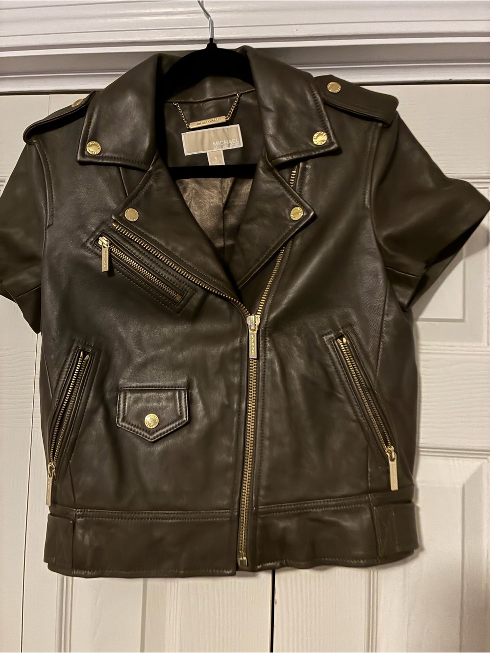 Michael Kors Dark Brown Short-Sleeve Leather Moto Jacket